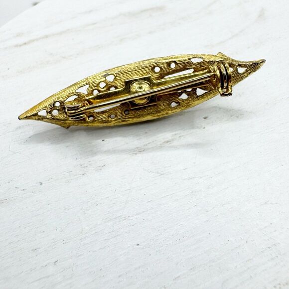 Vtg Mid Century MCM Faux Pearl And Turquoise Gold Tone Filigree Bar Pin Brooch - Picture 7 of 8